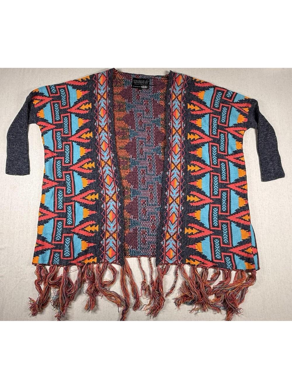 Powder River Outfitters‎ Fringe Cardigan Sweater Women Sz L Blue Panhandle Aztec